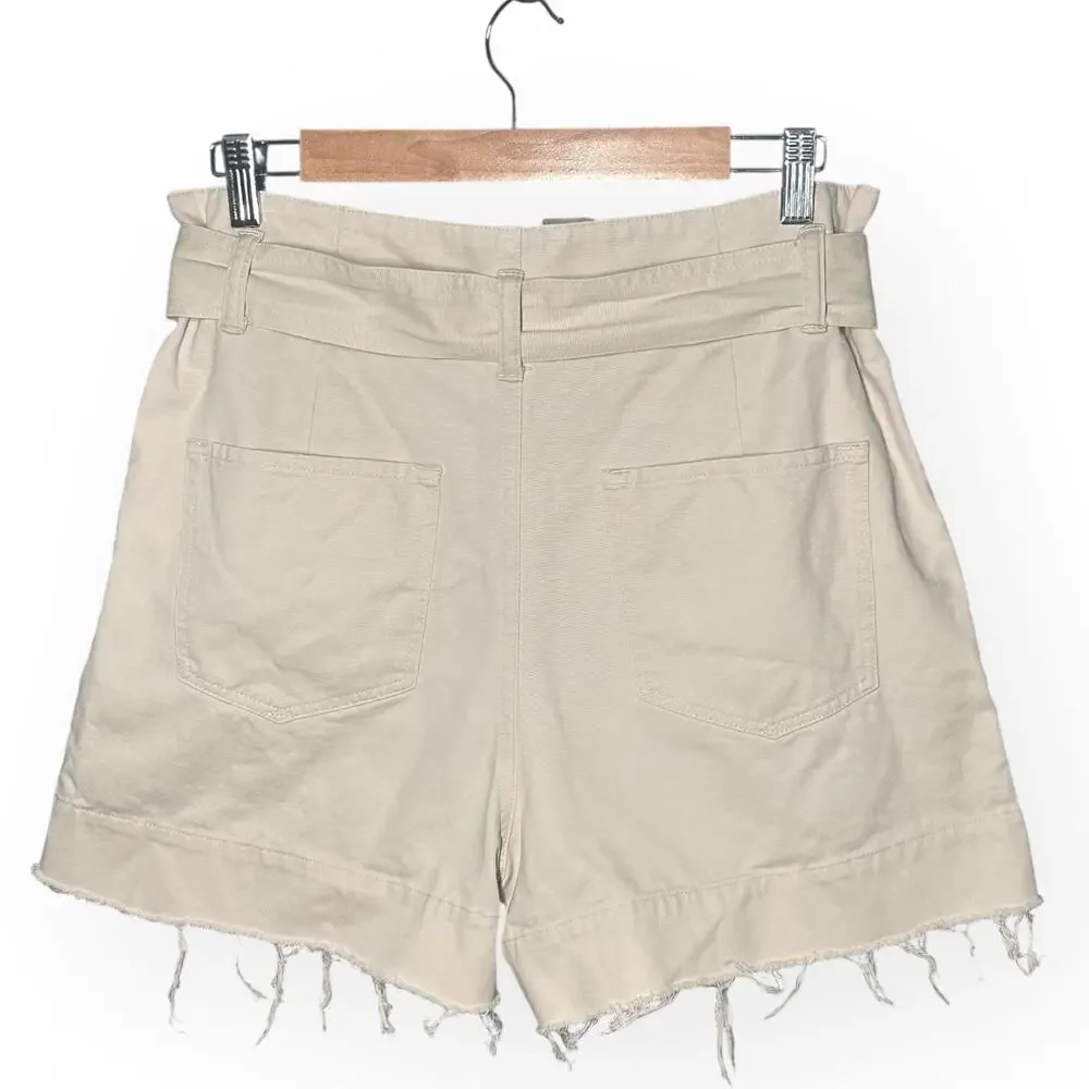 ALLSAINTS Cala Paperbag Belted Shorts Pleated Frayed Hem Beige Ivory High Rise